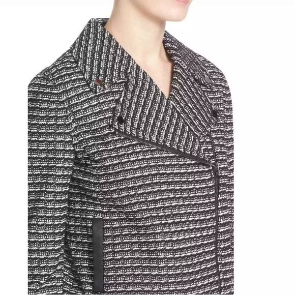 Tory Burch Tweed Moto Jacket Black Knit Zip Front Leather Trim Small Old Money - Picture 9 of 11